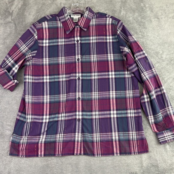 Alfred Dunner Womens Plaid Button Up Shirt Long Sleeve Purple Metallic Size 14 - Picture 1 of 10